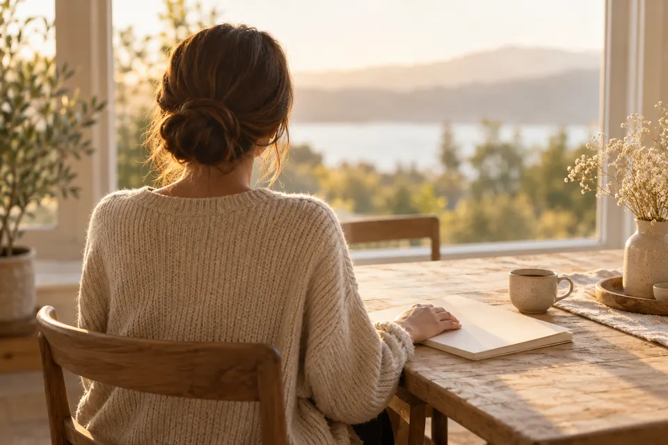 Frau sitzt im frühen Licht allein an einem Holztisch am Fenster, von hinten gesehen, vor ihr ein Heft und eine Tasse