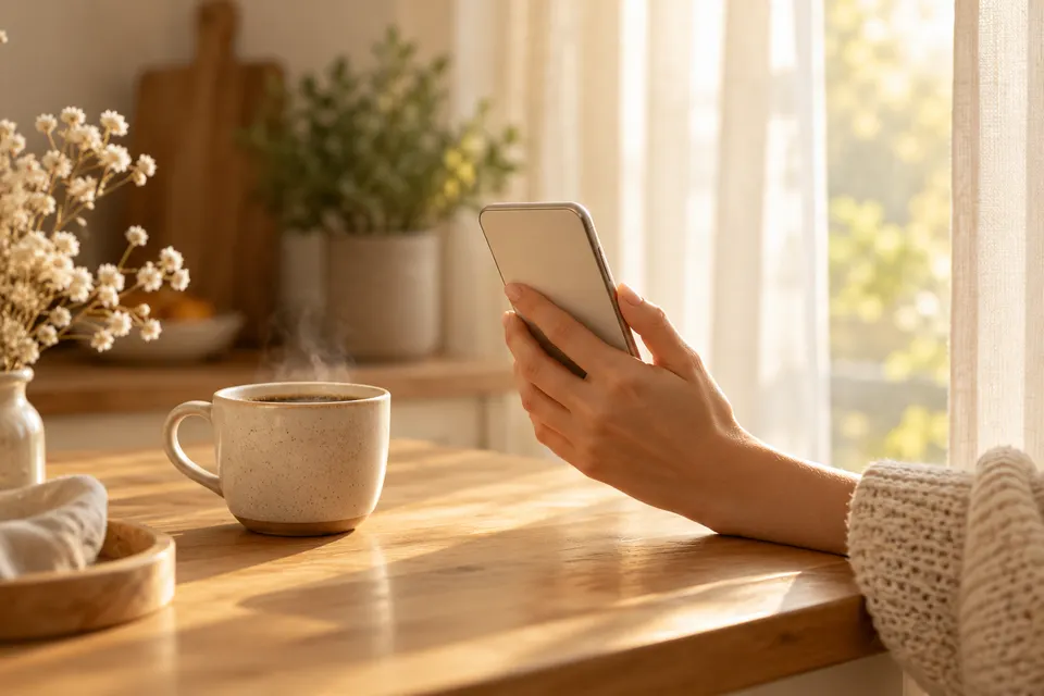 Hand hält am Morgen ein Smartphone mit abgewandtem Bildschirm, daneben eine dampfende Tasse Kaffee auf der Küchenarbeitsplatte