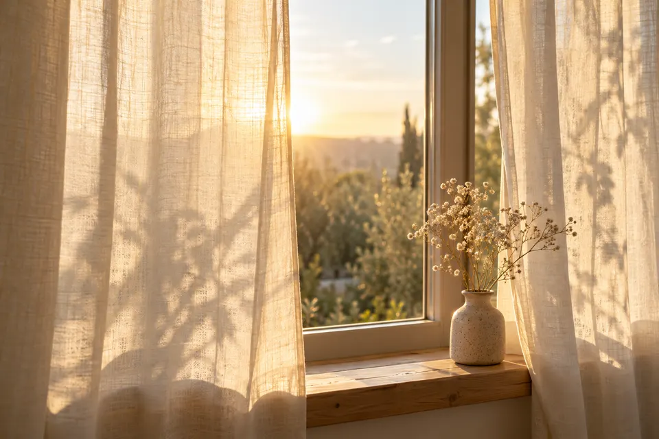 Halb geöffneter Leinenvorhang, durch den warmes Sonnenlicht fällt