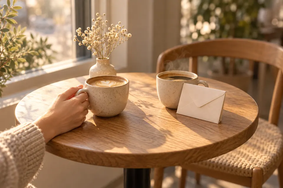 Runder Holztisch im Café mit zwei Tassen Kaffee, eine Hand an der einen Tasse, an der anderen lehnt ein heller Briefumschlag