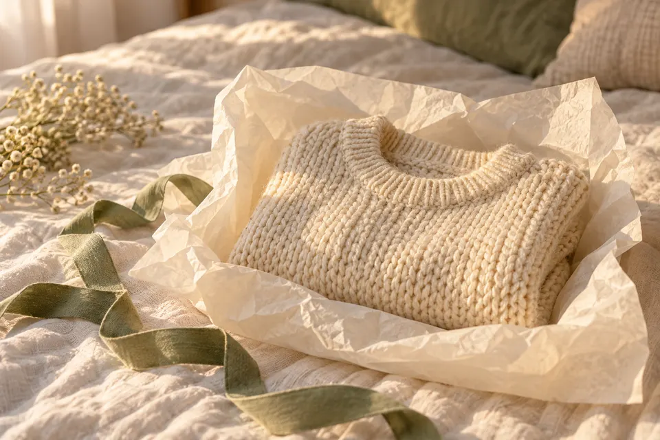 Neuer Strickpullover, ausgepackt in Seidenpapier auf dem Bett