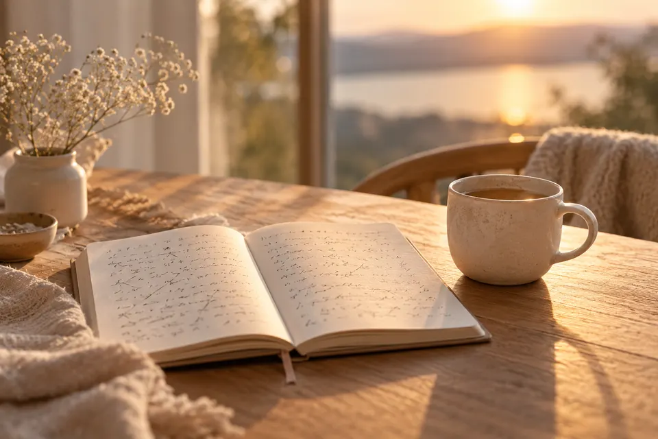 Aufgeschlagenes Notizbuch mit Handschrift neben einer Tasse im Abendlicht