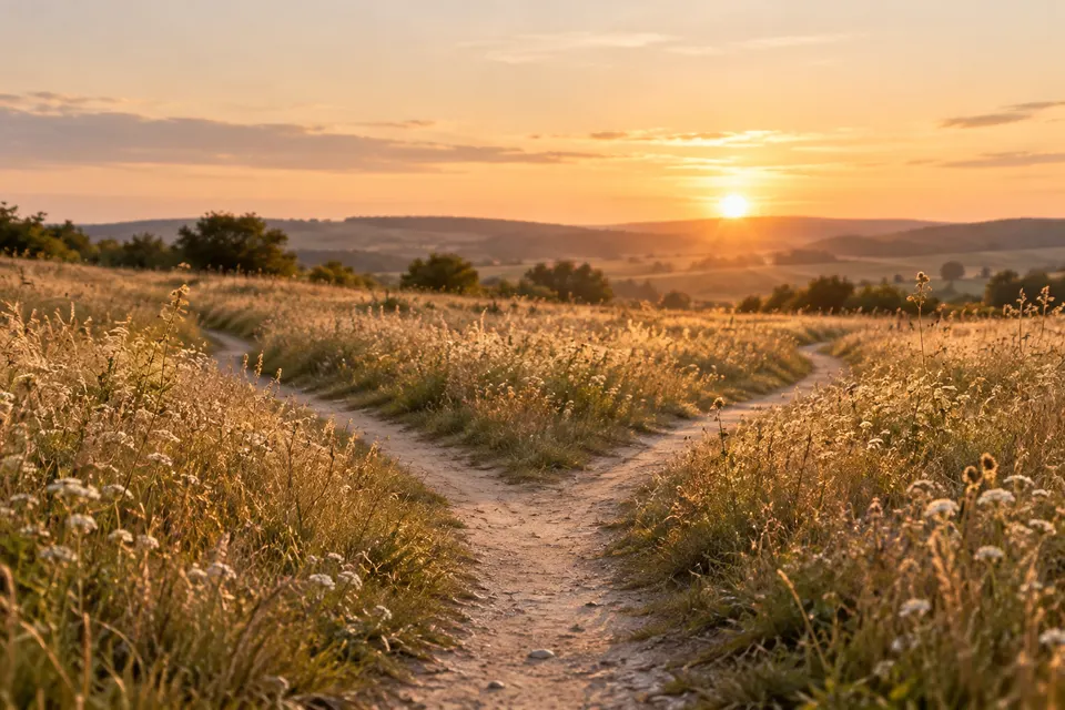 Wegegabelung im Feld bei Sonnenuntergang