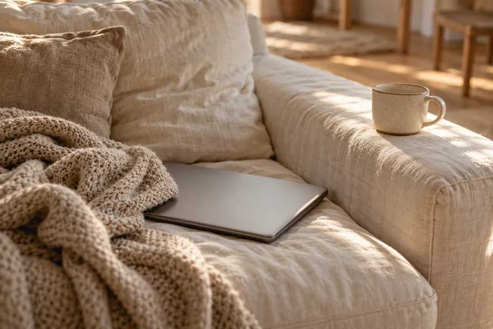 Zugeklappter Laptop neben einer Wolldecke auf dem Sofa, eine Tasse auf der Lehne