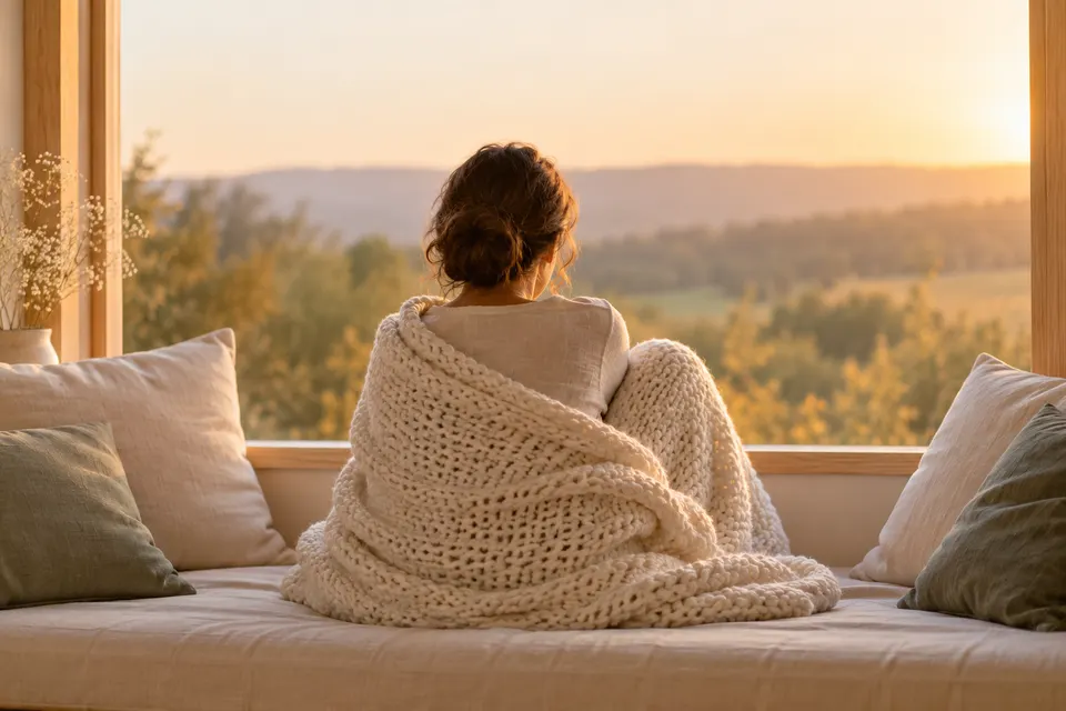 Frau in eine Strickdecke gehüllt am Fenster, von hinten gesehen