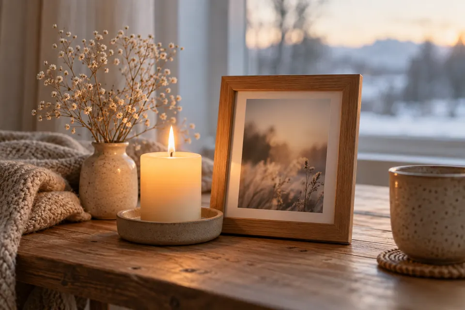 Brennende Kerze neben einem gerahmten Foto im Winterlicht
