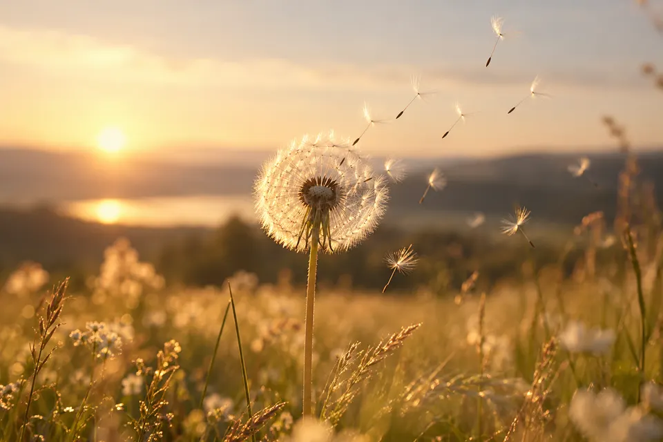 Pusteblume, deren Samen davonfliegen