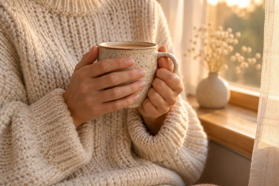 Zwei Hände halten eine warme Tasse vor einem Strickpullover