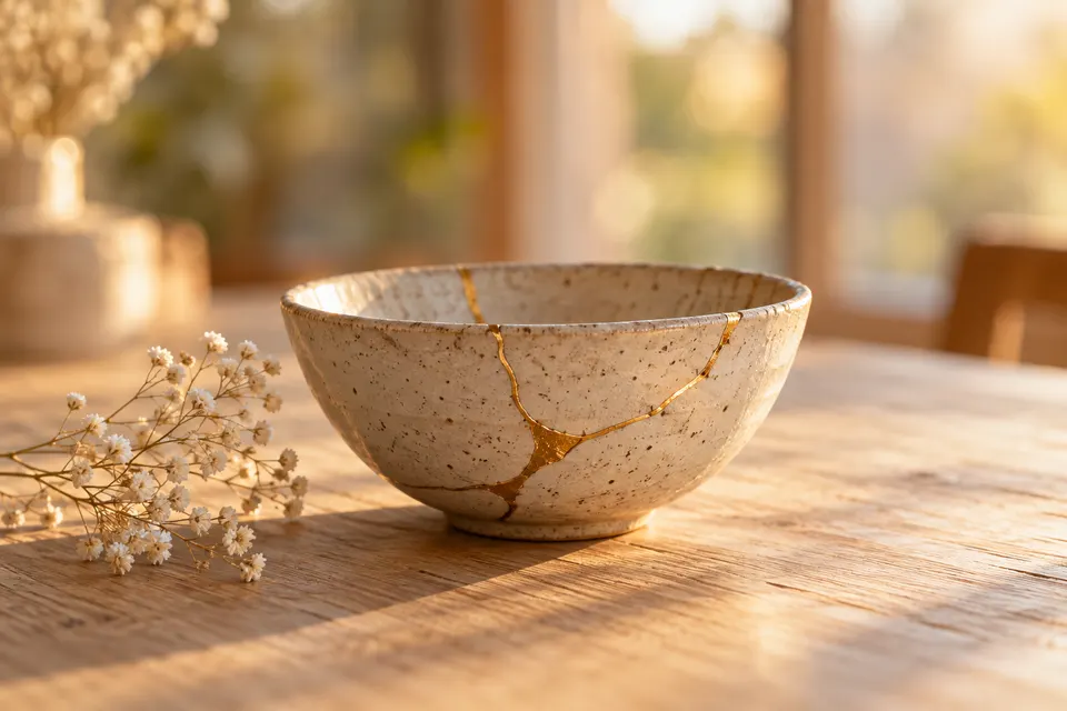 Keramikschale mit goldgeflickten Bruchstellen auf einem Holztisch