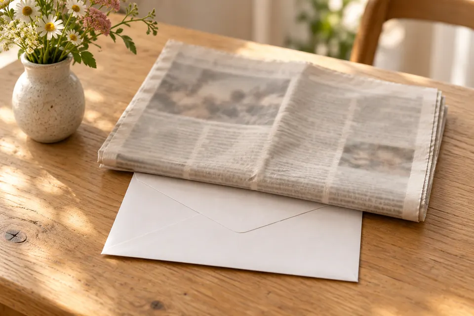 Geschlossener weißer Briefumschlag auf einem Holztisch, halb unter einer zusammengefalteten Zeitung, daneben eine Vase mit Gartenblumen