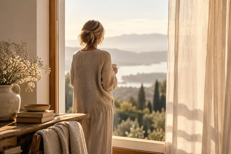 Frau von hinten am Fenster im Morgenlicht, mit einer Tasse in der Hand
