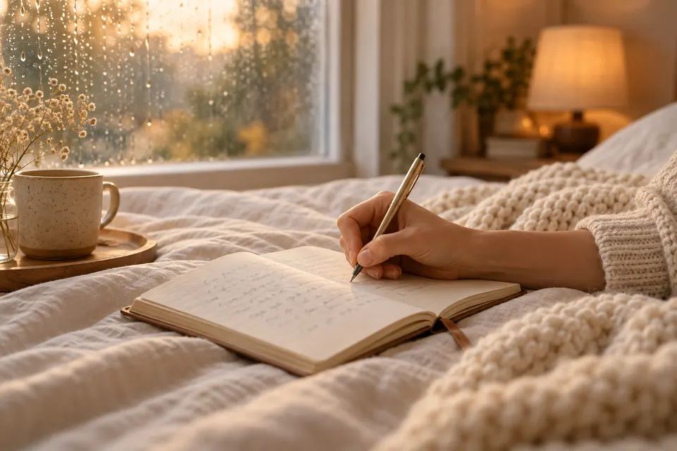 Hand schreibt in ein Tagebuch auf dem Bett, am Fenster Regentropfen