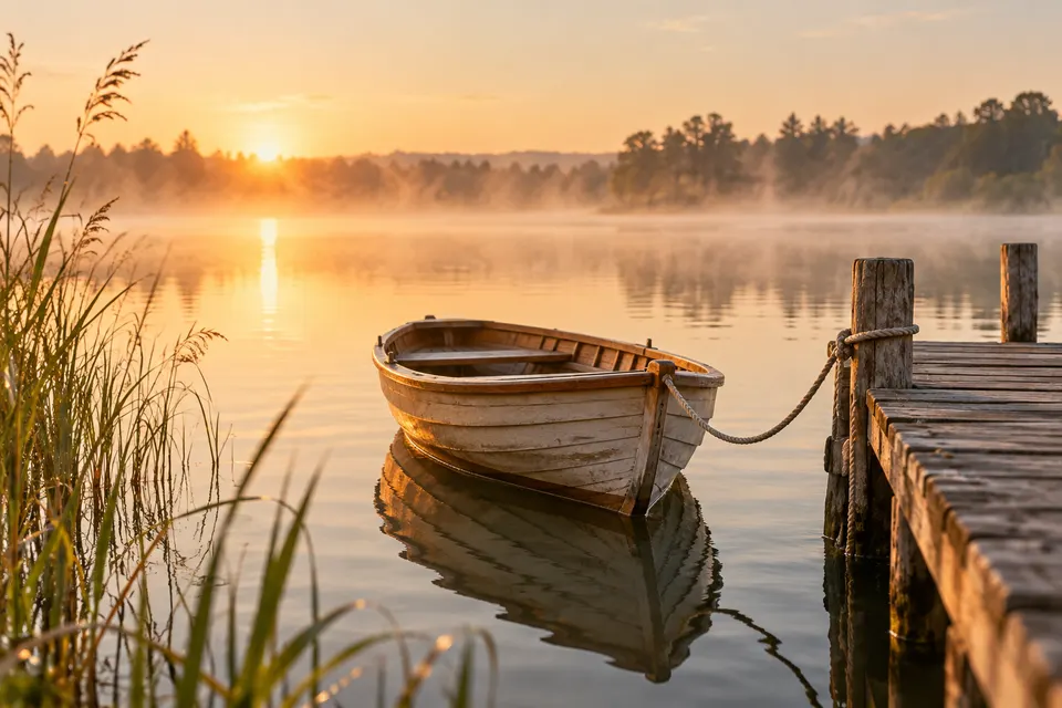 Kleines Ruderboot, locker an einem Holzsteg vertäut, auf stillem See