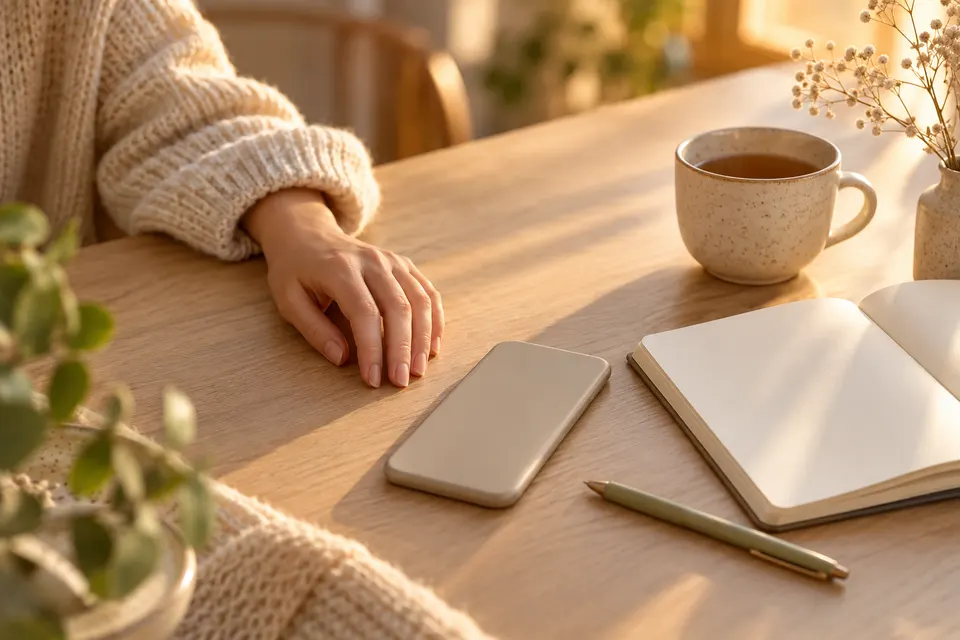 Hand ruht auf einem Holztisch neben einem umgedrehten Smartphone, einem offenen leeren Notizbuch und einer Tasse Tee