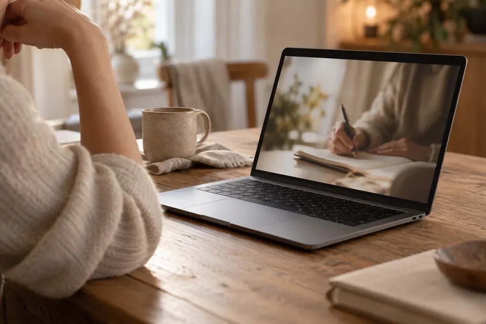 Aufgeklappter Laptop auf einem Holztisch, angeschnitten eine Hand am Kinn