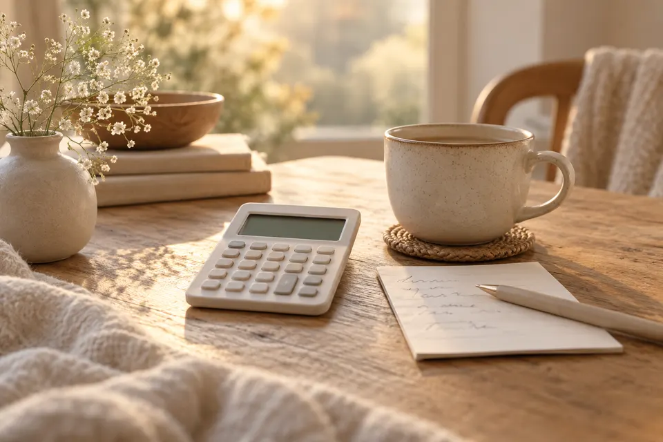 Taschenrechner und Notizen neben einer Tasse
