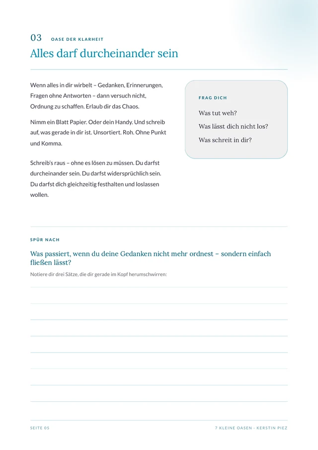 Eine Innenseite des Workbooks: die Oase der Klarheit mit Reflexionsfrage und Platz für eigene Notizen