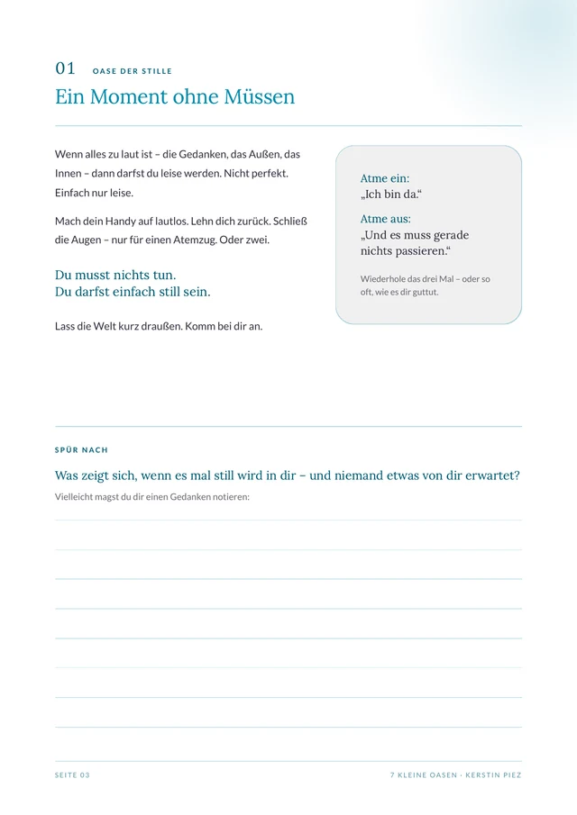 Eine Innenseite des Workbooks: die Oase der Stille mit Reflexionsfrage und Platz für eigene Notizen